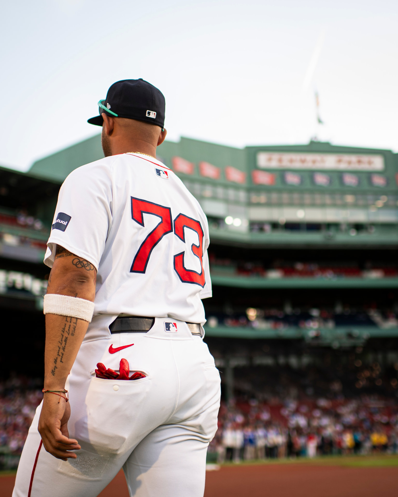 Jamie in his #73 jersey looking toward the Fenway scoreboard